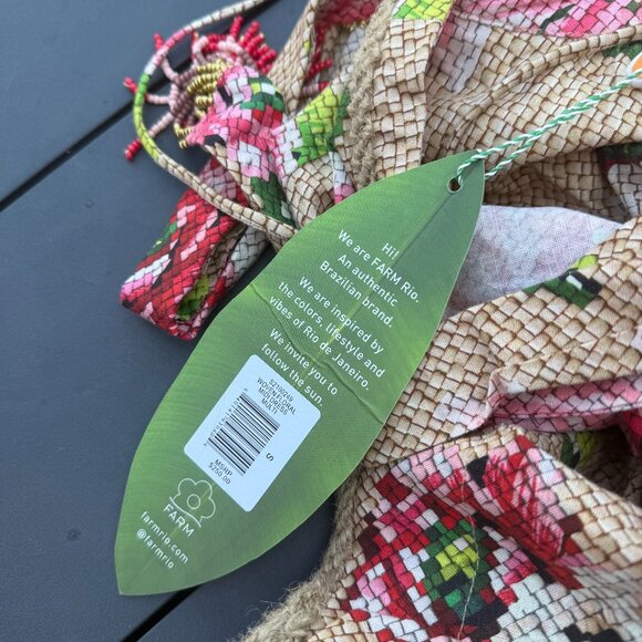 NWT Farm Rio Linen Midi Dress Woven Beige Floral Neck Tie Jute Accent Ruffles - Picture 2 of 9